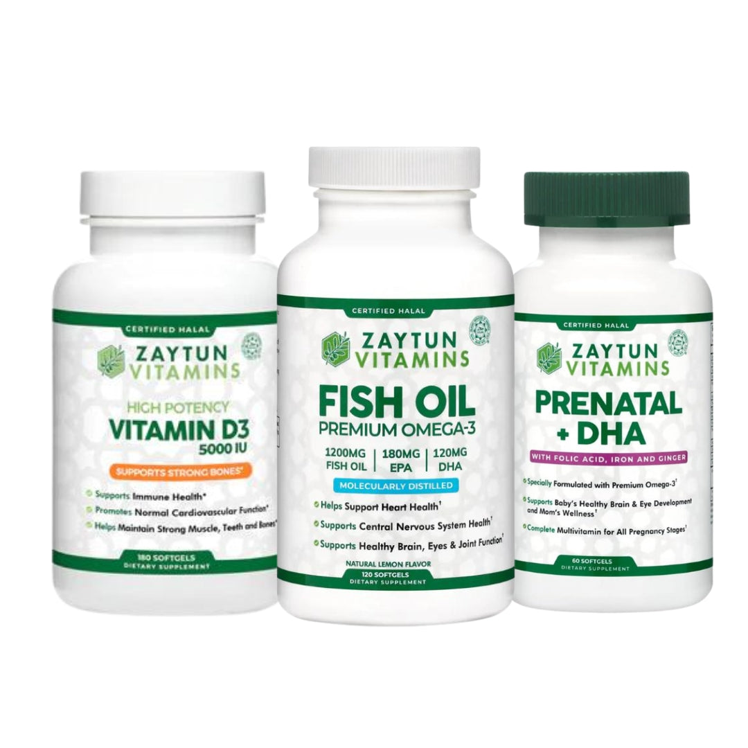 Fish Oil + Vitamin D3 5000IU + Prenatal + DHA Bundle Zaytun Vitamins