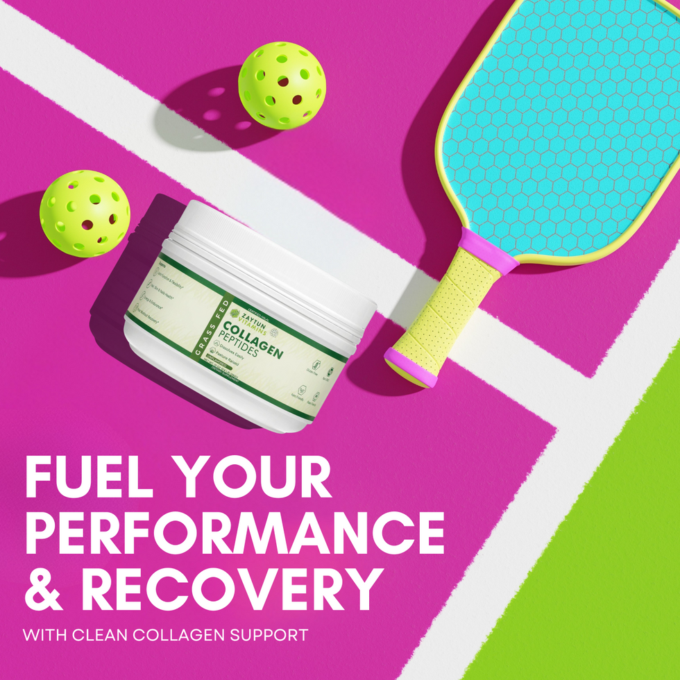 Zaytun Vitamins Collagen Peptides powder with pickleball gear on colorful court promoting performance and recovery.
