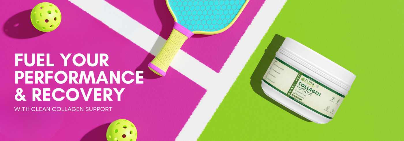 Zaytun Collagen Peptides powder with pickleball gear on colorful court promoting performance and recovery.