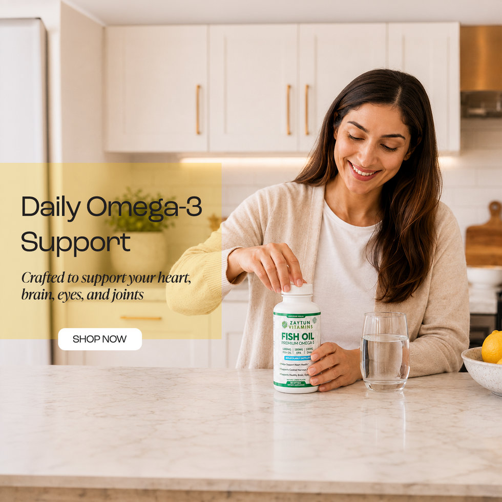 Woman in a kitchen holding a bottle of Zaytun Halal Fish Oil with a glass of water, promoting daily omega-3 support.