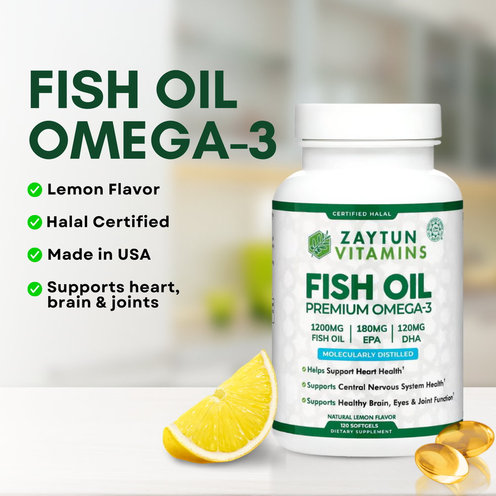 Zaytun Fish Oil supplement bottle with lemon flavor and halal certification on a white background.